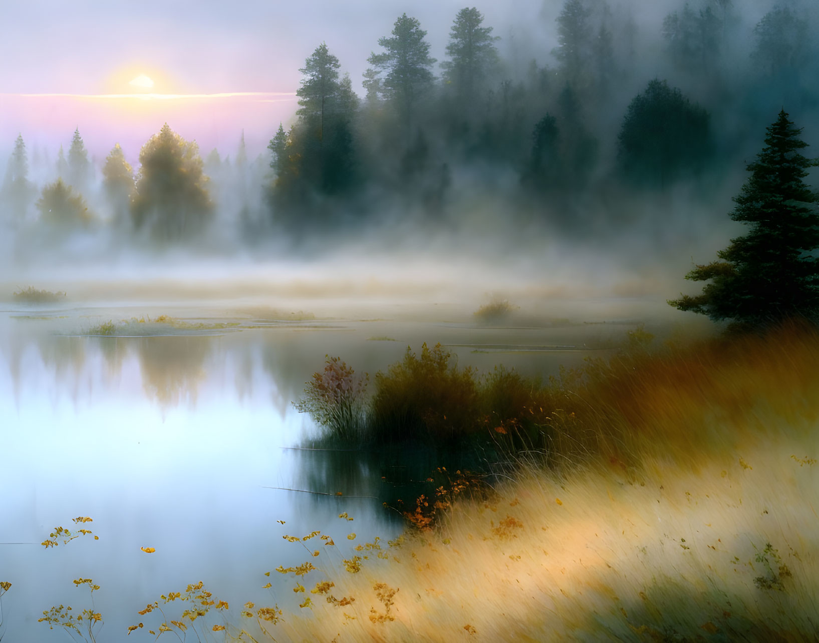 Tranquil sunrise over misty forest lake with warm sun glow