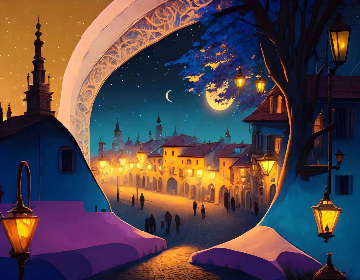 Moonlit town illustration with crescent moon archway, cobblestone streets, lanterns, and