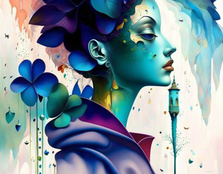 Vibrant digital artwork: Woman with blue skin, flowers, droplets, and tower