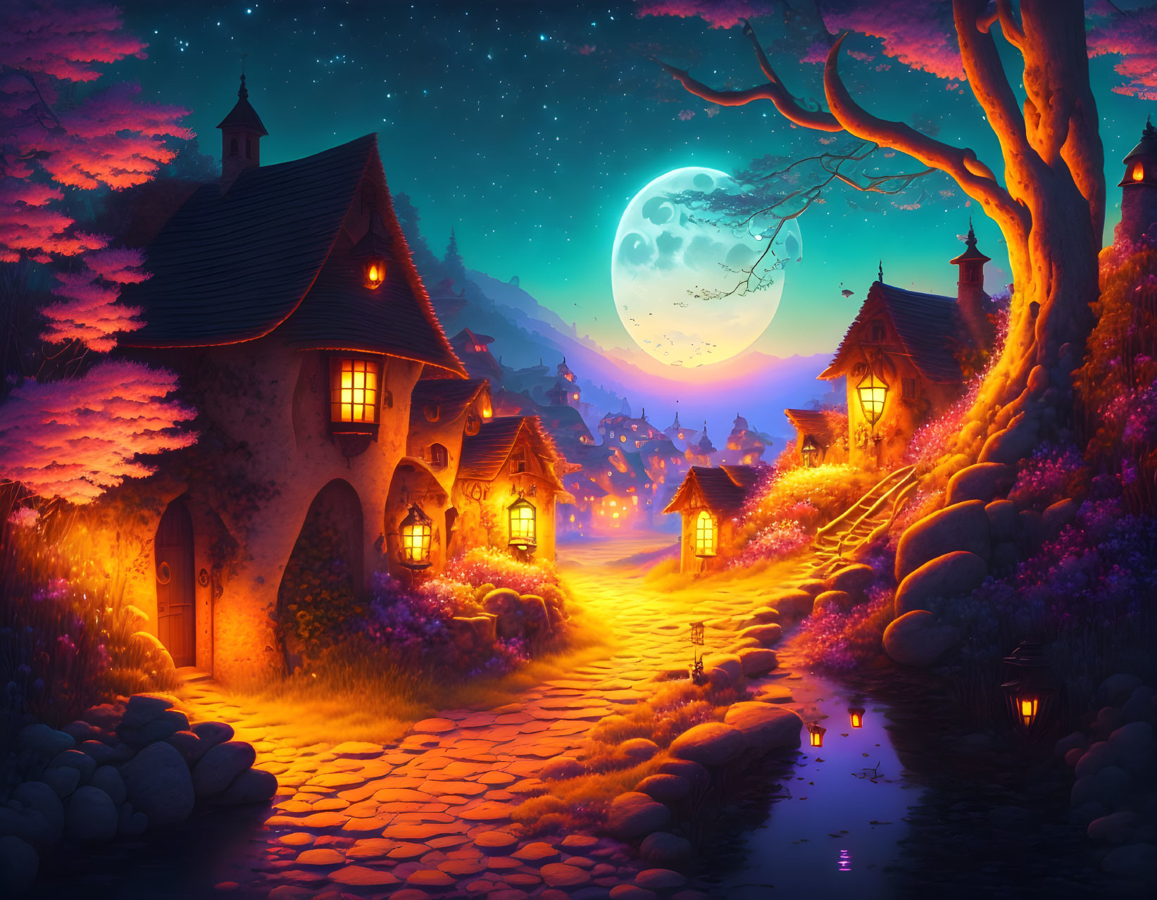 Quaint village night scene with cobblestone paths and full moon