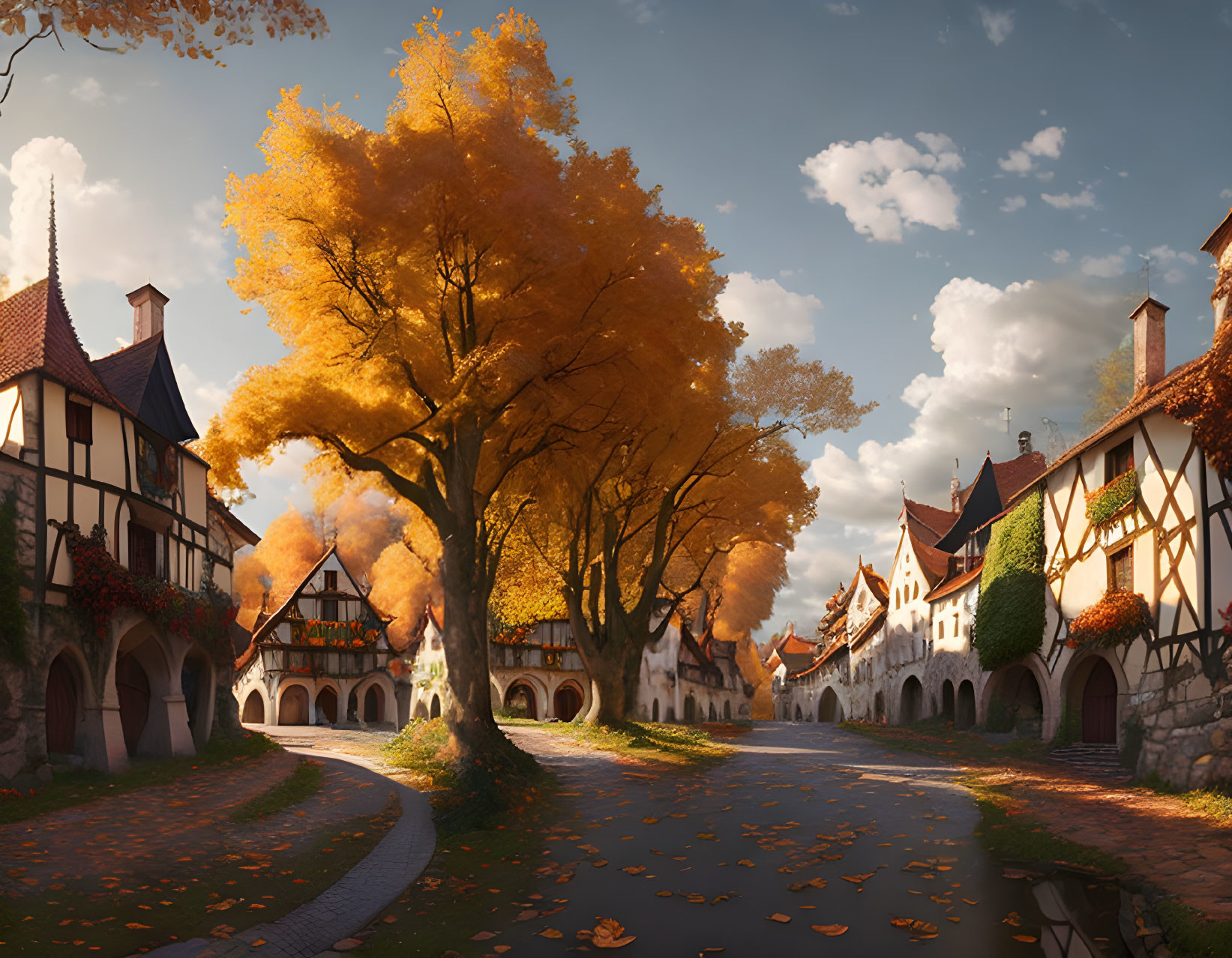 Quaint cobblestone street with half-timbered houses and autumn tree