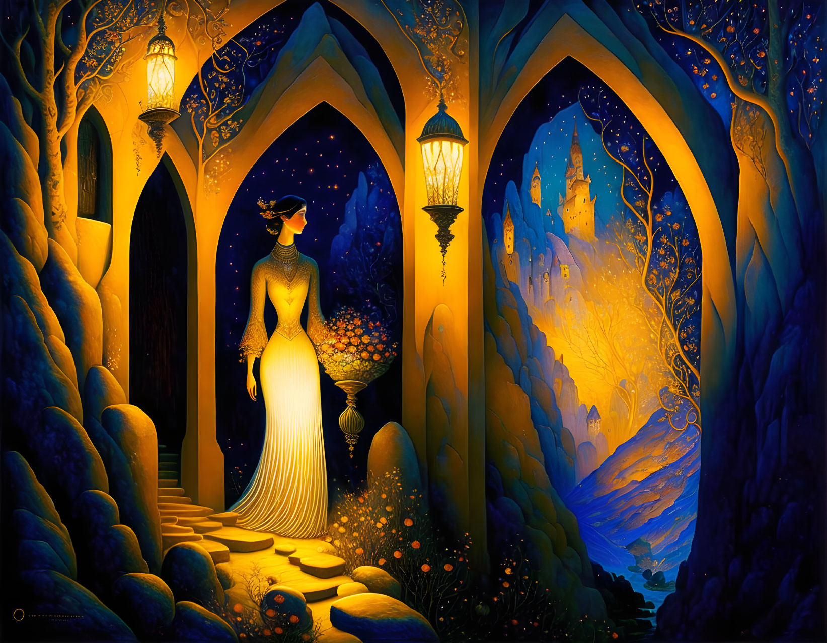 Elegant Woman in Dress Between Archways Under Starry Sky