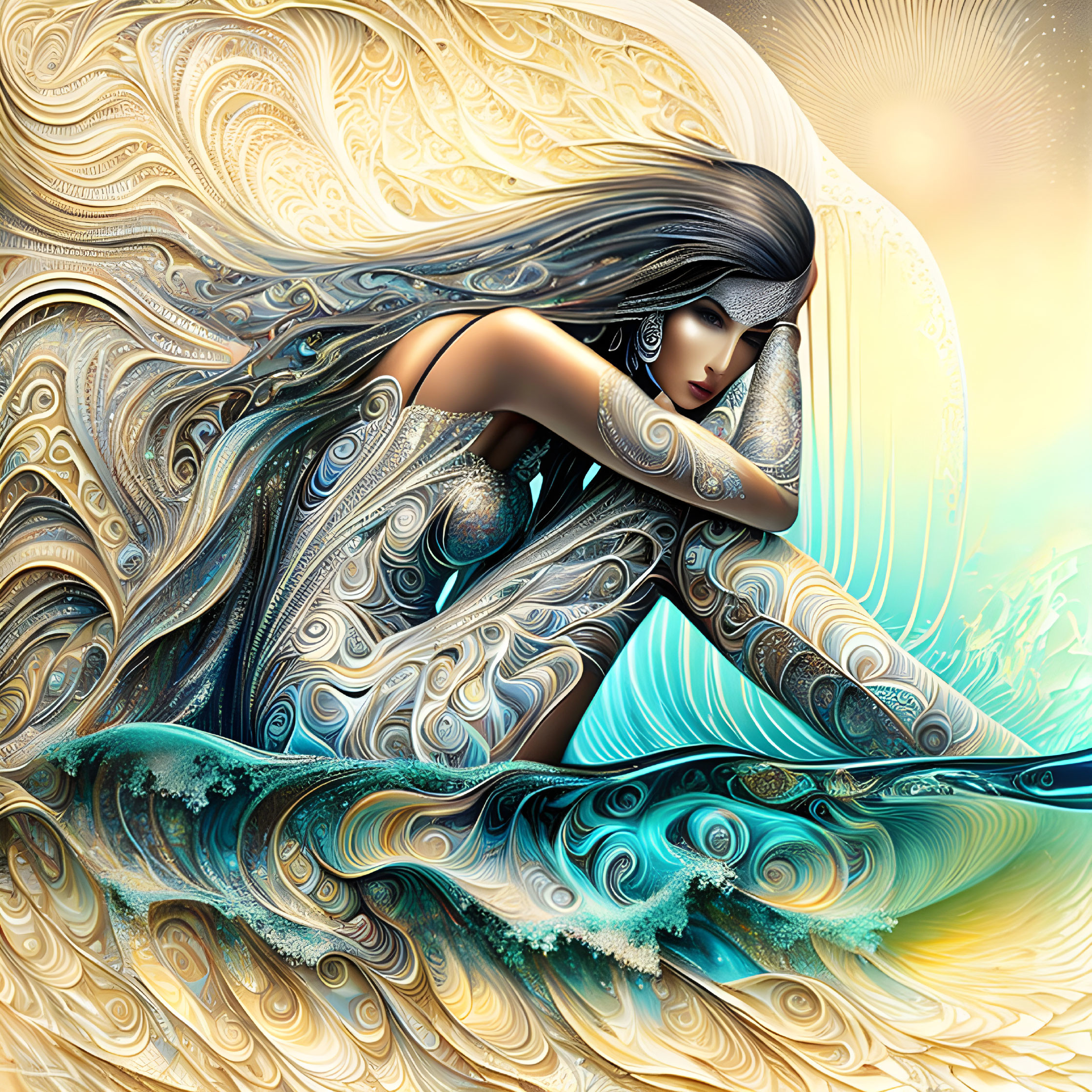 Woman's flowing hair and dress merge with abstract blue and gold waves