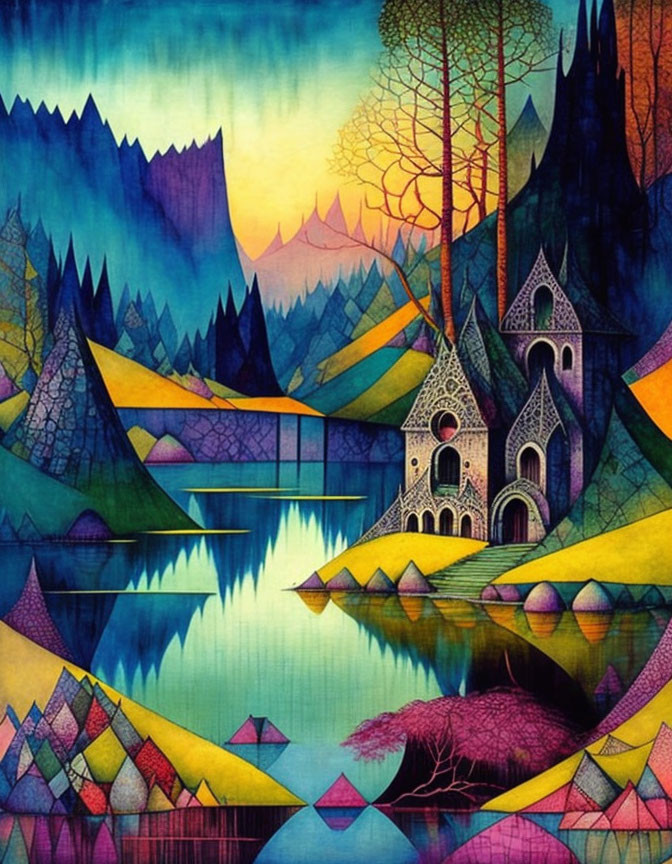 Colorful Fantasy Landscape with Mountains, Trees, Lake, and Castle