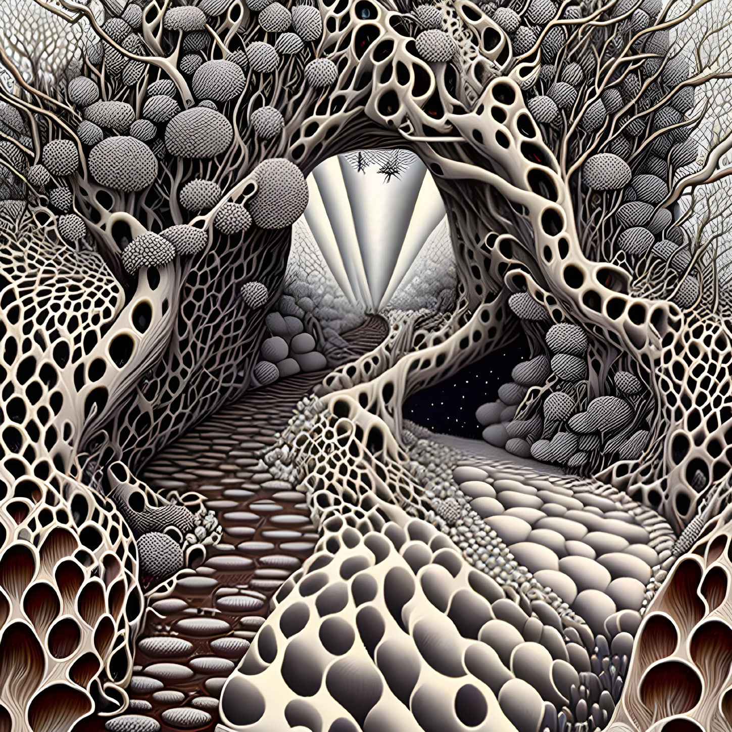 Intricate surreal landscape with organic structures and light beam path