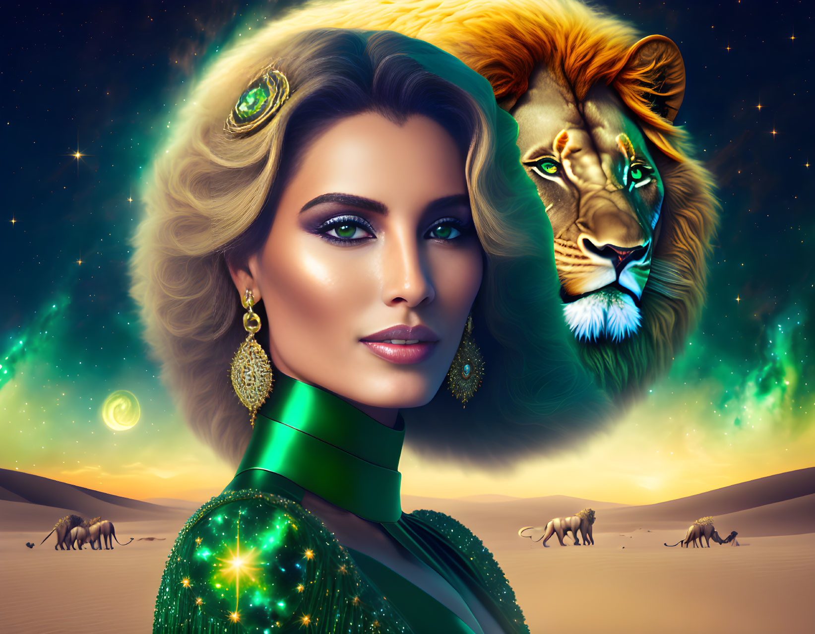 Digital art portrait: Woman with lion hair in desert night sky