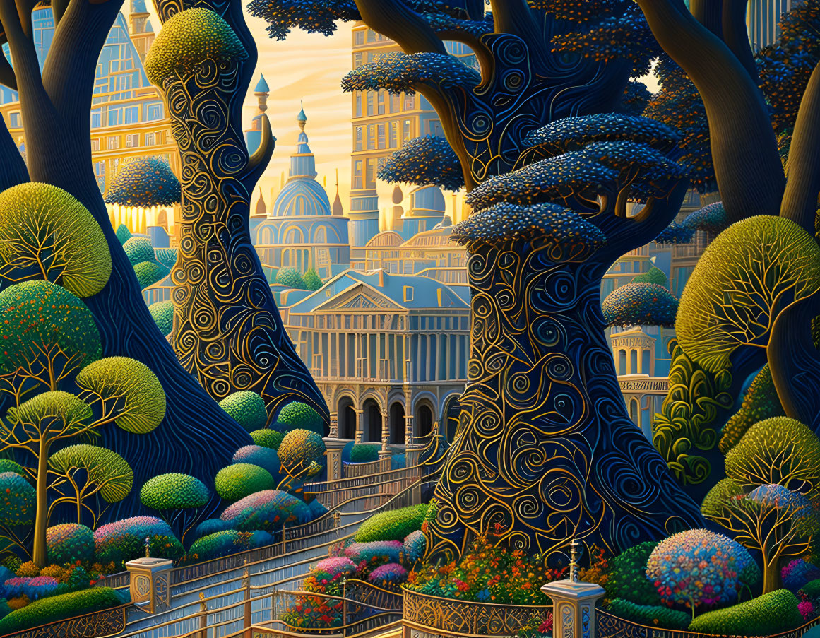 Vibrant gardens and ornate city in fantastical landscape