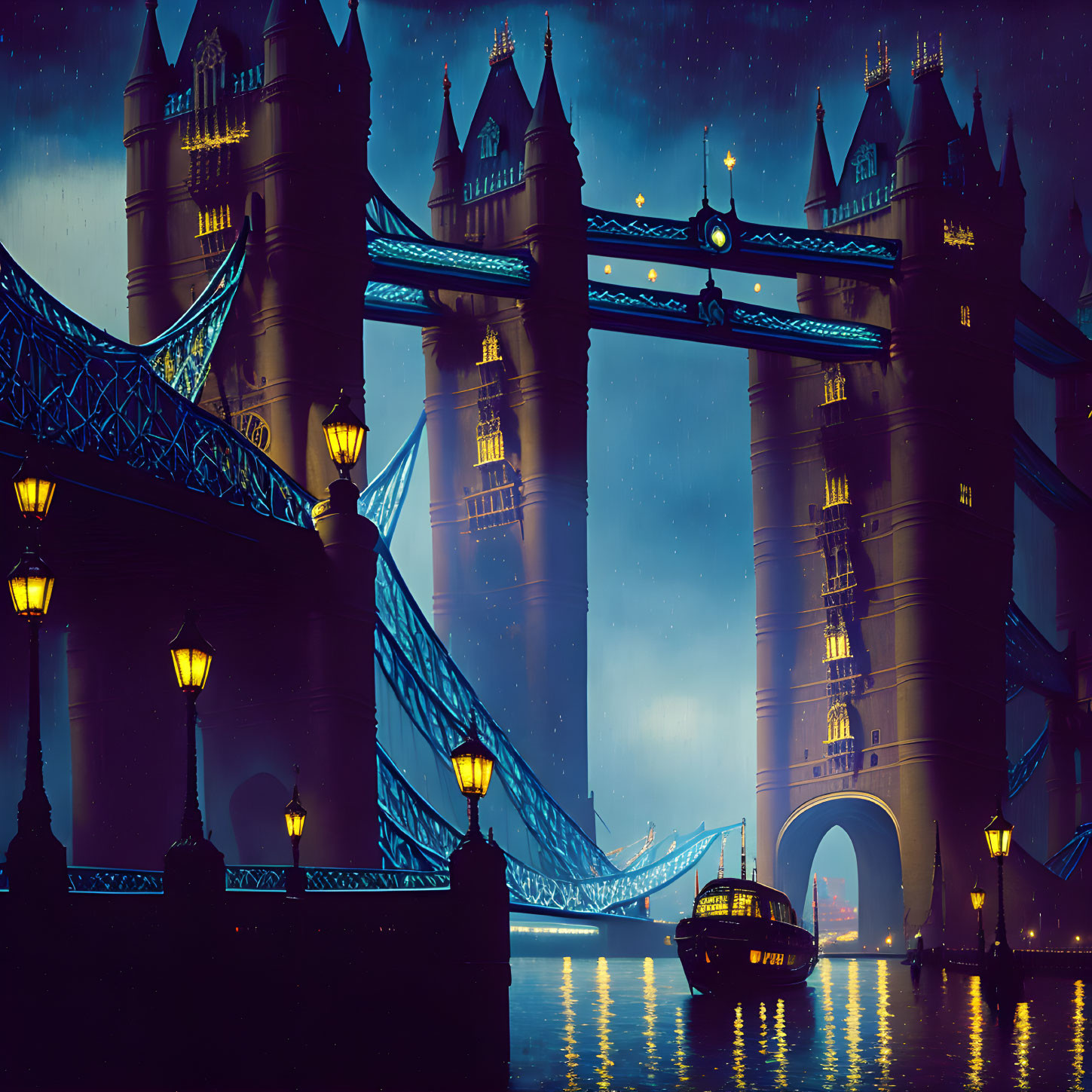 Nighttime illustration of Tower Bridge with glowing street lamps and passing boat