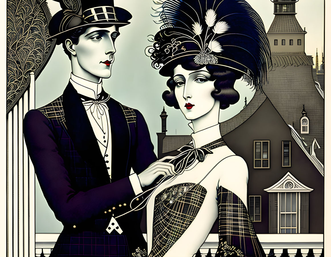 Vintage illustration of early 20th-century couple in elegant attire