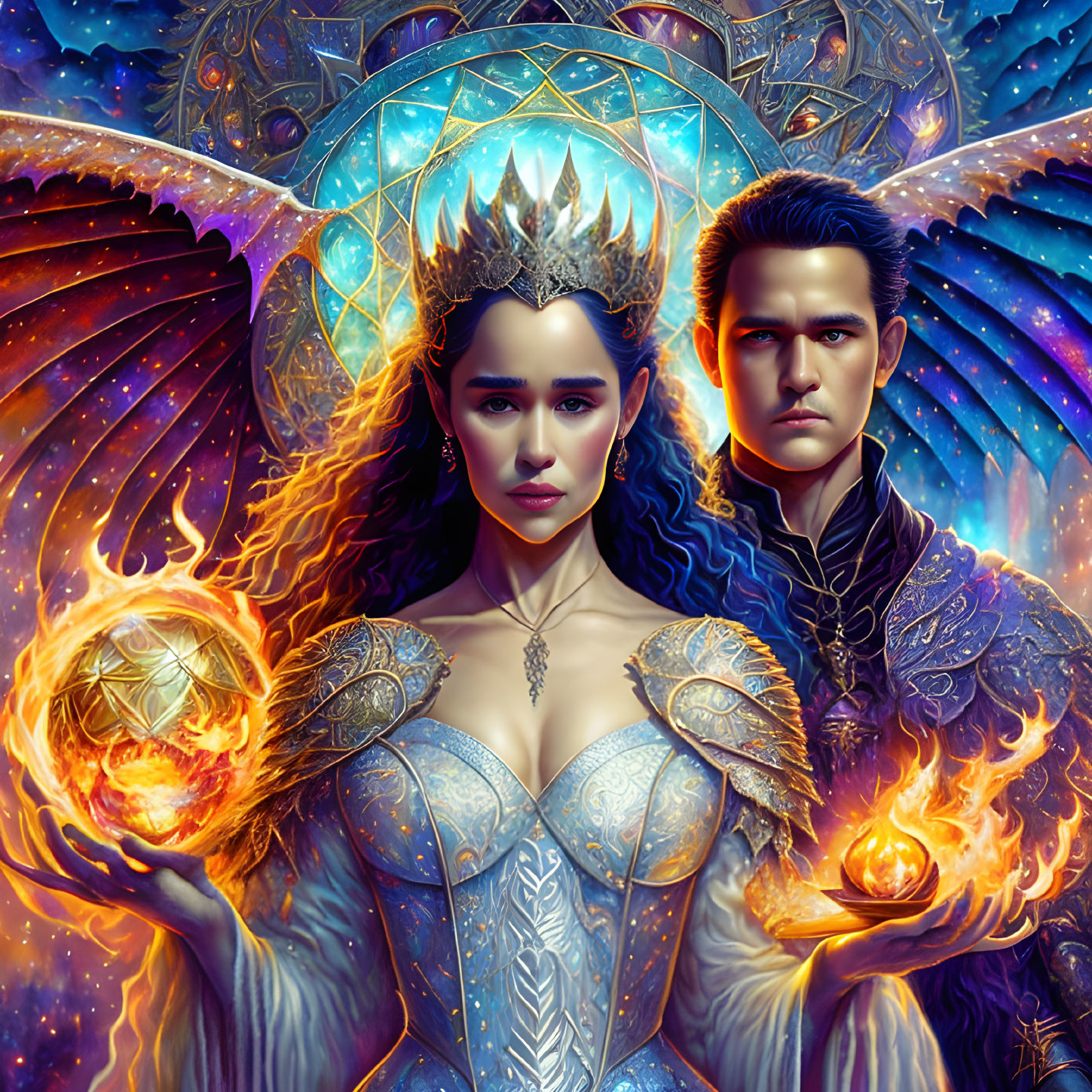 Regal king and queen with magical aura and glowing orb in fantastical image