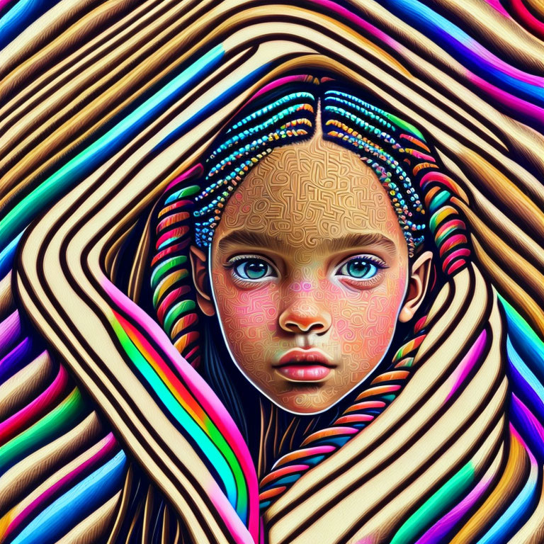 Colorful digital portrait of a girl with blue eyes and neon headgear surrounded by swirling patterns