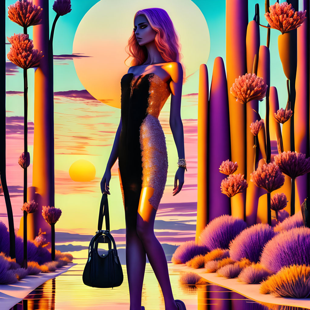 Digital artwork: Woman with pink hair in black and gold dress against sunset with fantastical flora.