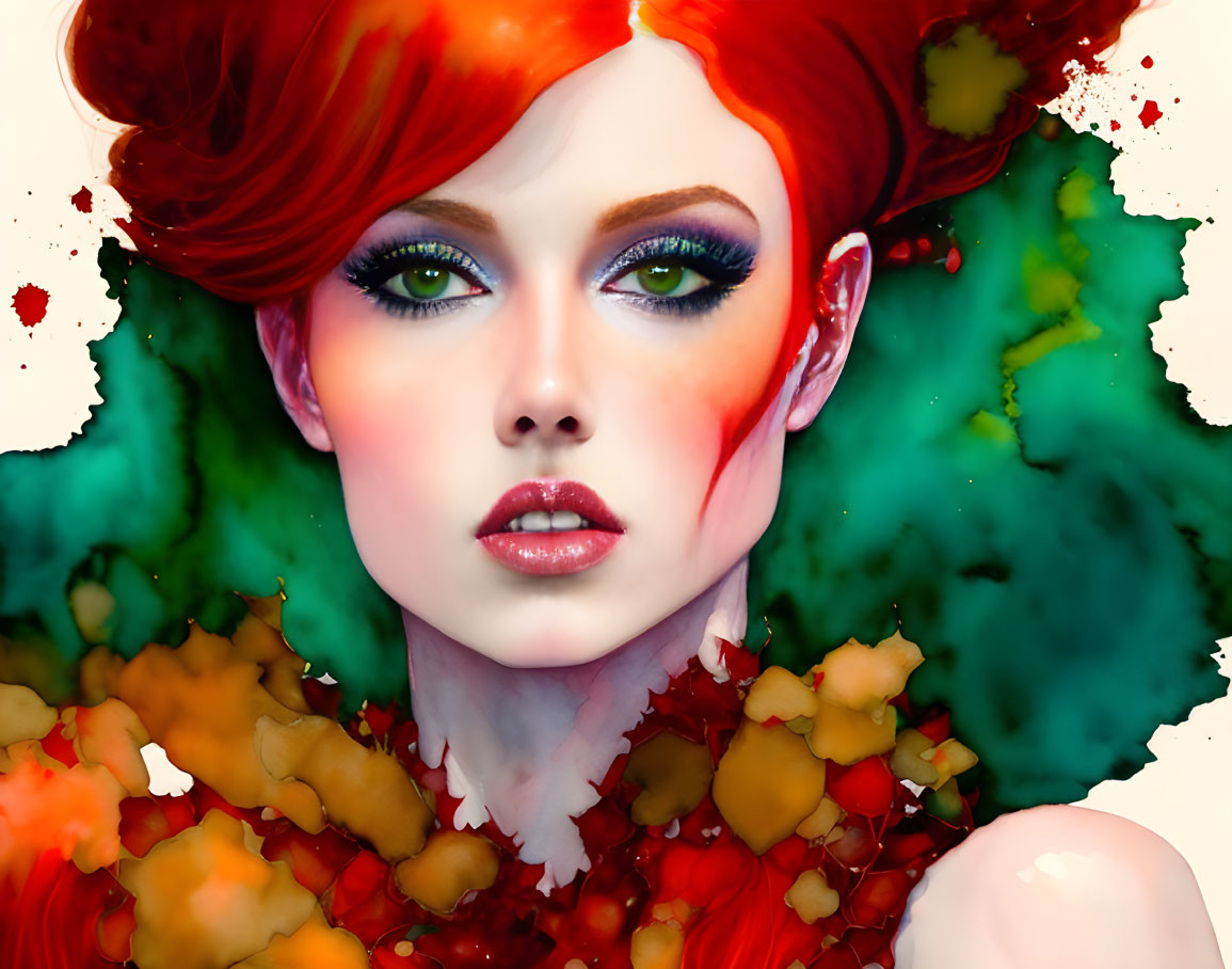 Vibrant digital artwork: Woman with red hair, green eyes, bold makeup