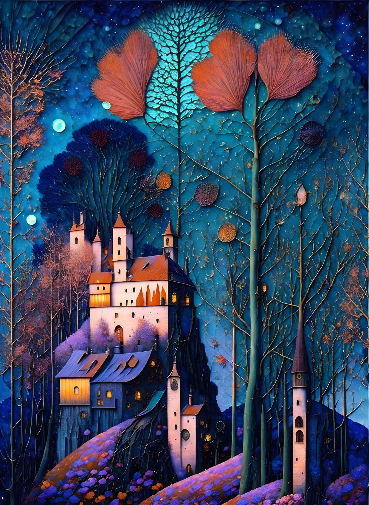 Enchanted forest castle painting with colorful trees & starry sky