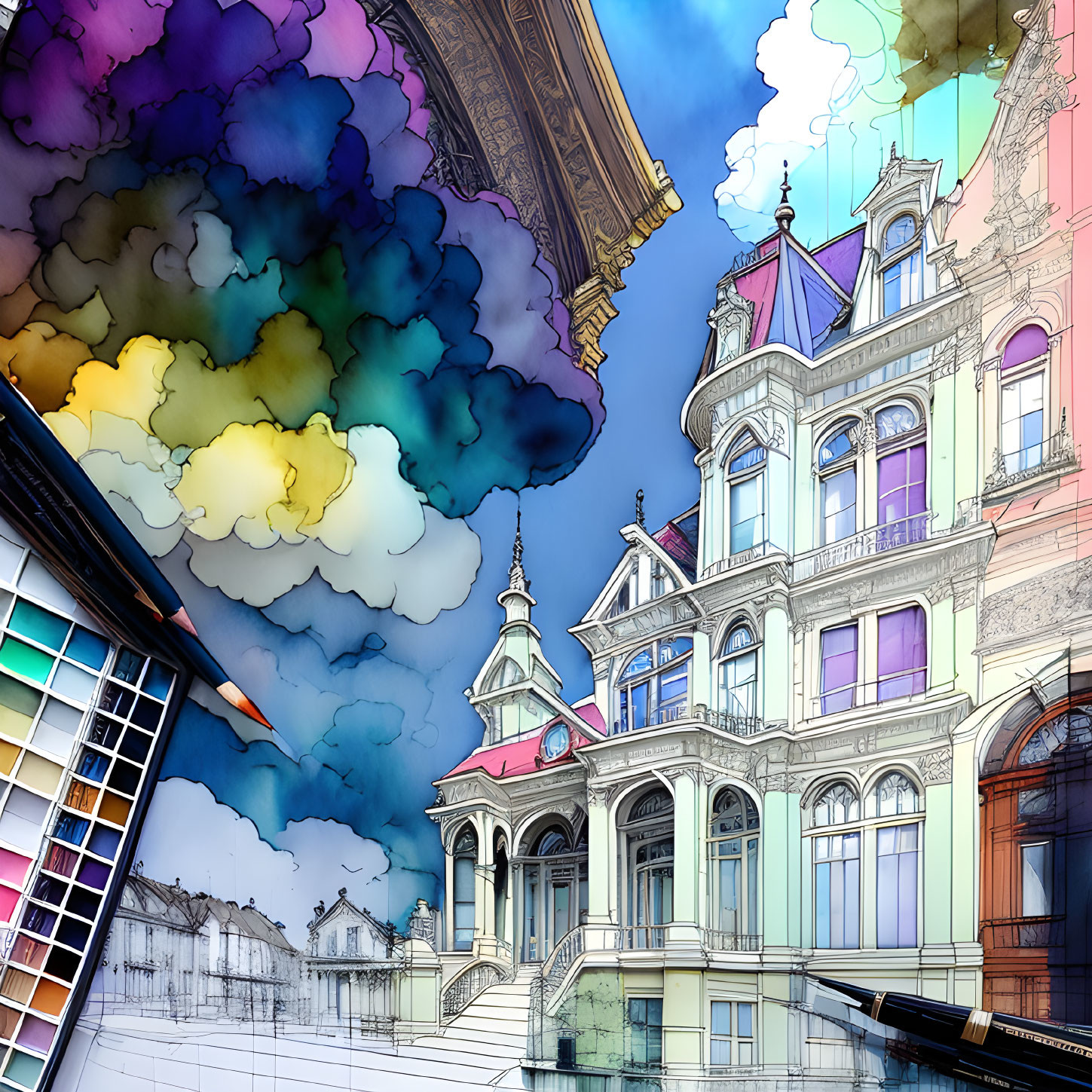 Victorian-style building with kaleidoscopic clouds and paintbrush on colorful digital artwork