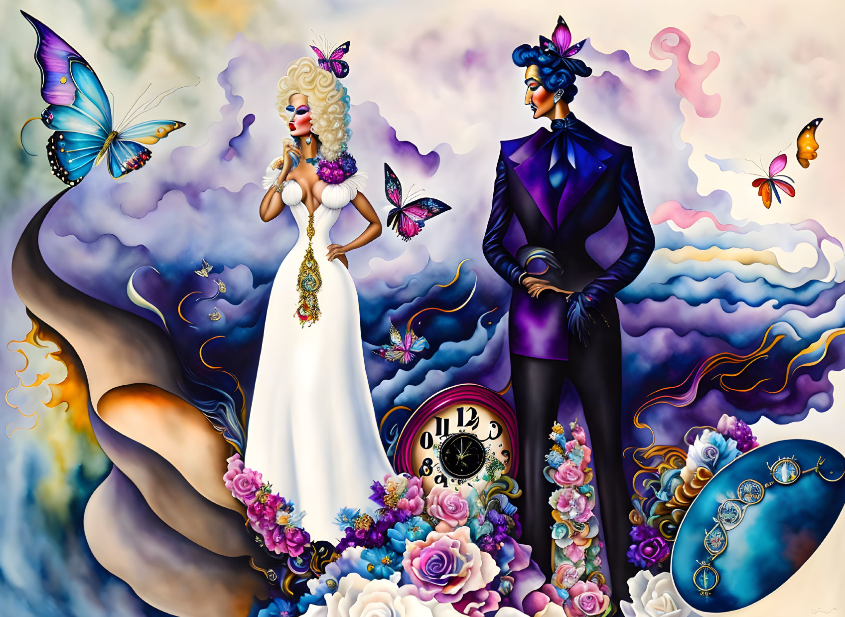 Fantastical Couple Illustration with Exaggerated Fashion and Surreal Elements