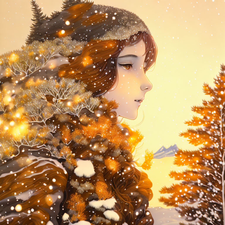 Young woman's profile merges with winter scene in glowing lights and snowy trees