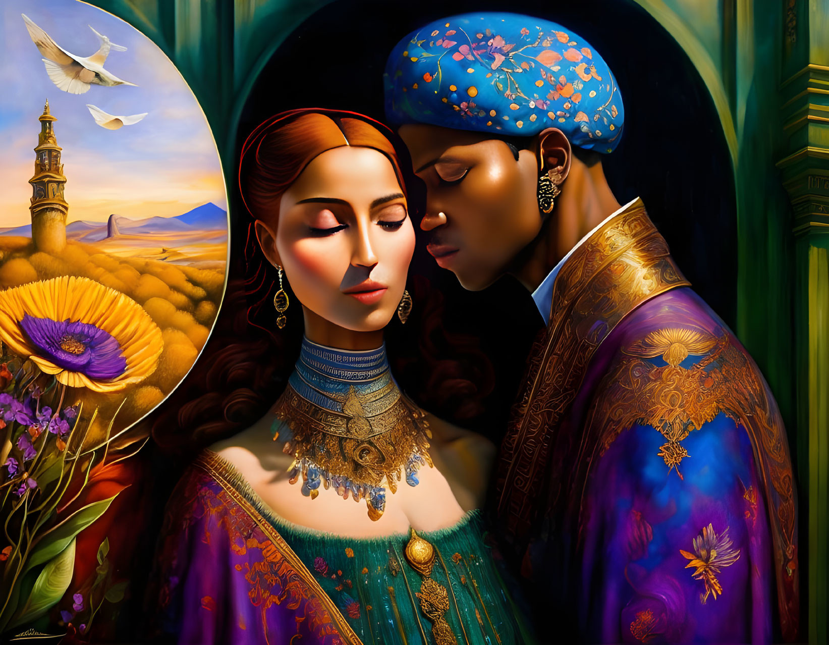 Regal couple in ornate attire with serene landscape and dove