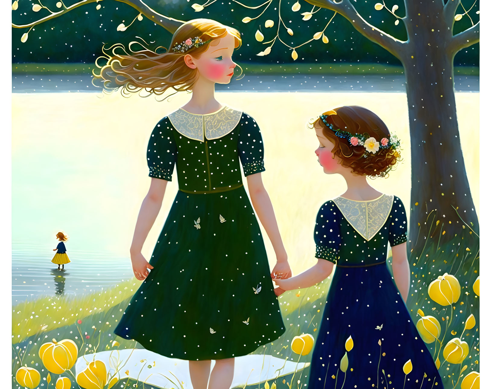 Two girls in vintage dresses by a sunlit lake with trees and yellow flowers