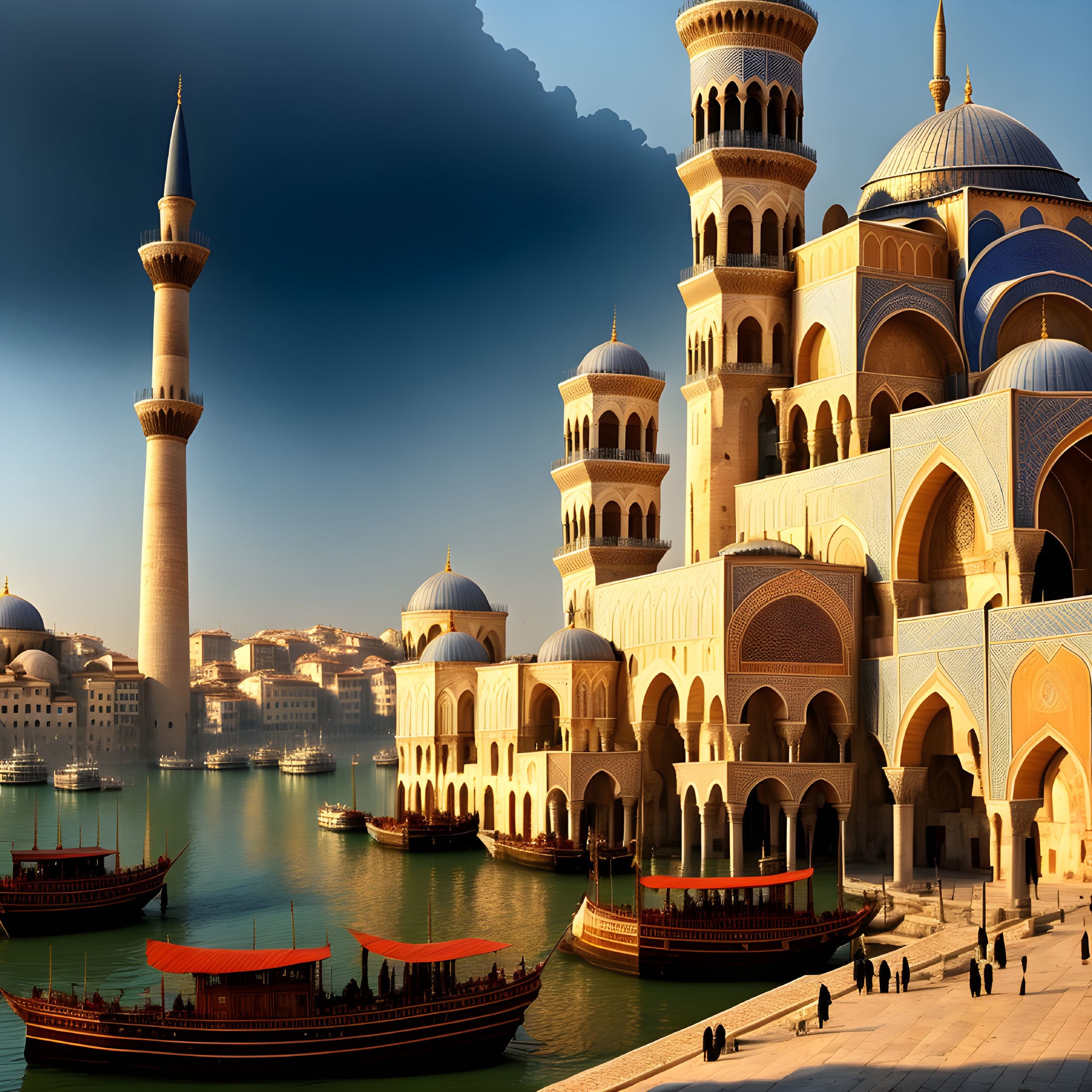 Waterfront mosque with multiple domes and tall minaret overlooking tranquil bay