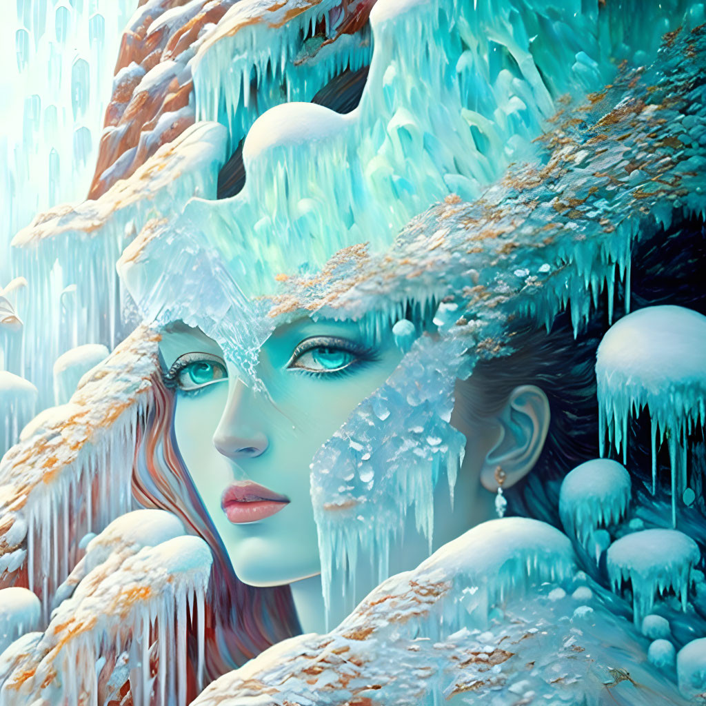 Surreal portrait blending woman's face with icy landscapes and blue eyes