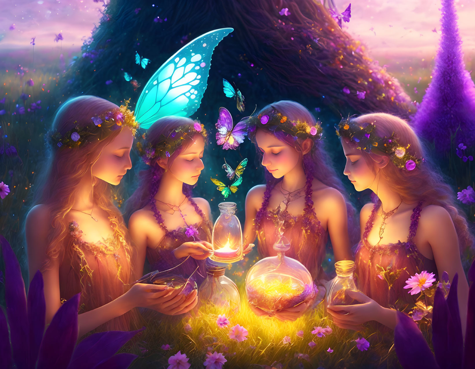 Ethereal fairy figures with illuminated wings in a flower-filled meadow