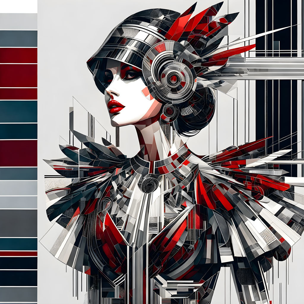 Futuristic digital art: Geometric shapes, metallic textures, red, black, and silver palette