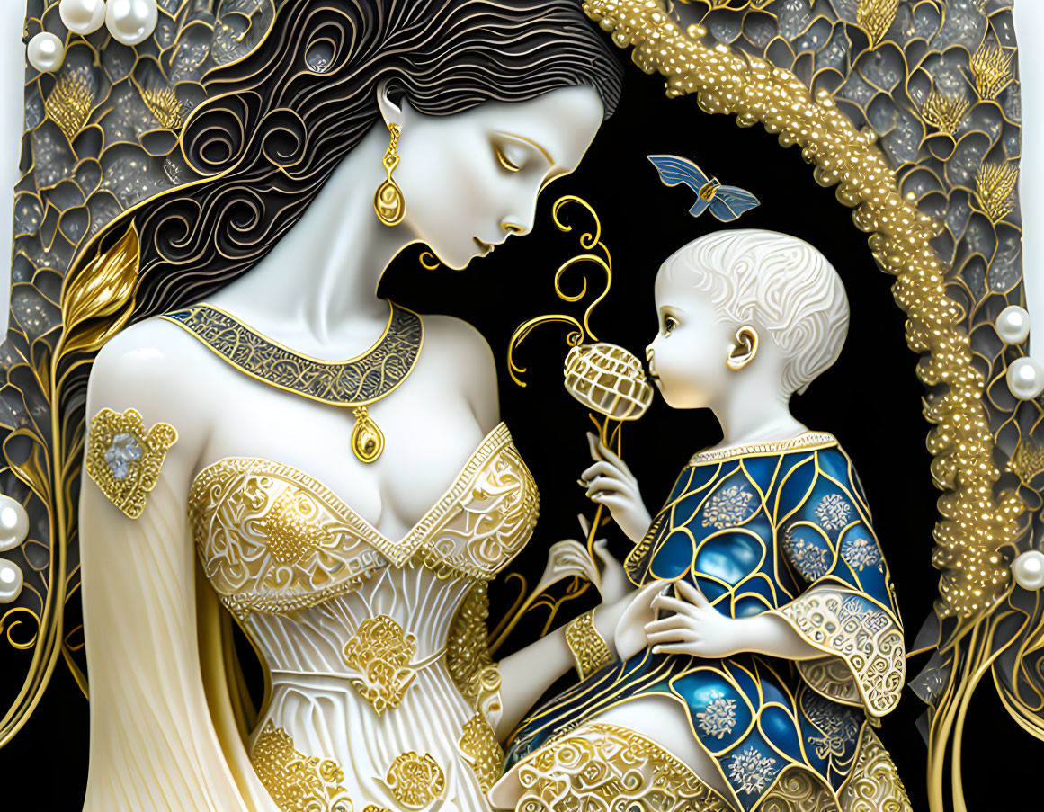 Detailed illustration of woman with dark hair in golden clothing giving rattle to infant in blue