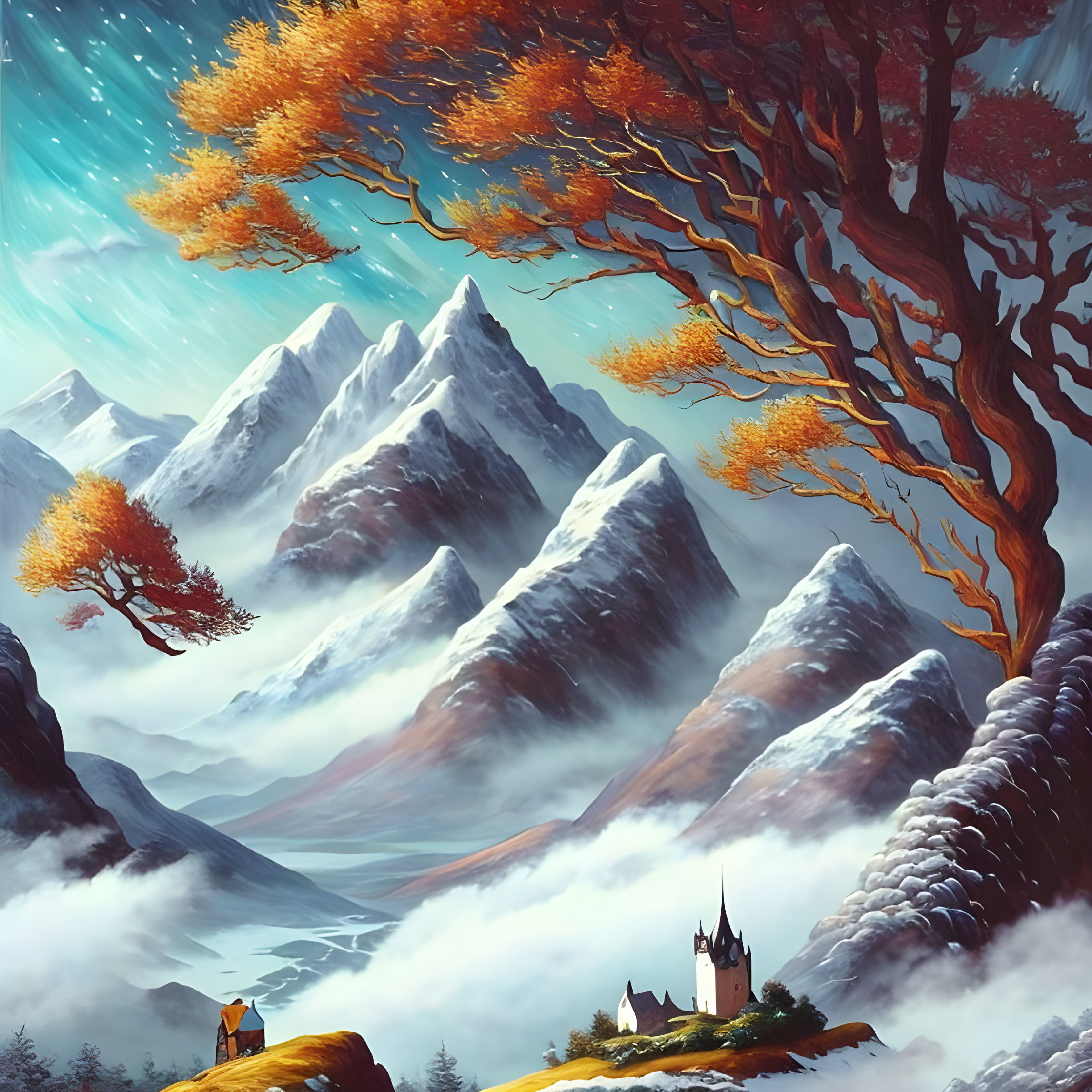 Fantasy landscape with mountains, castle, autumn trees, and river