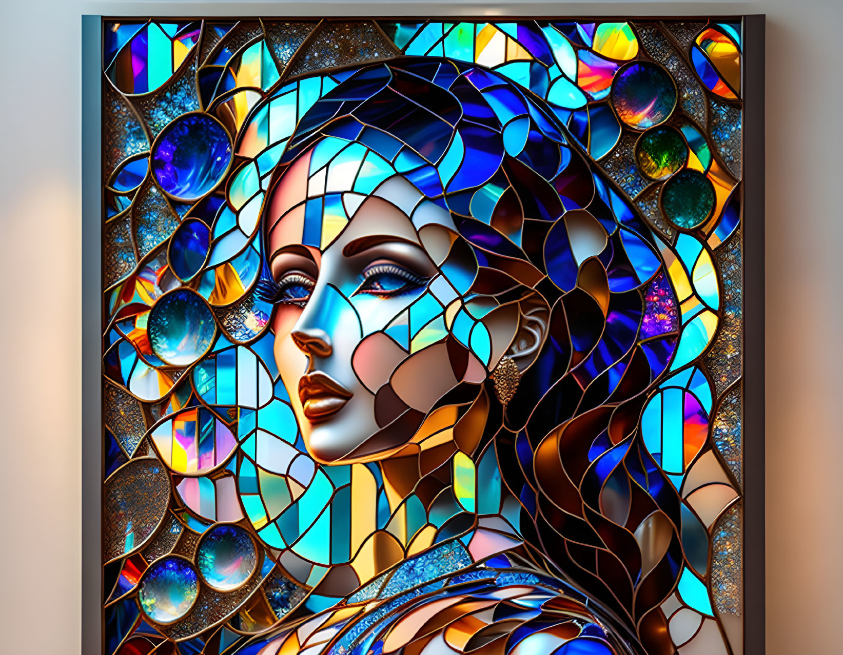 Colorful digital artwork: Woman's profile in shimmering stained glass mosaic