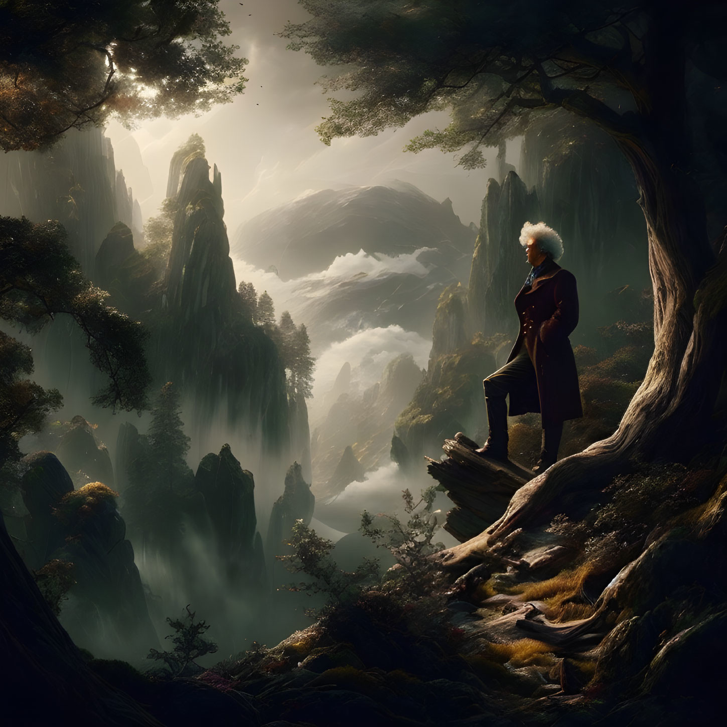 Person in long coat gazes at dramatic forested landscape