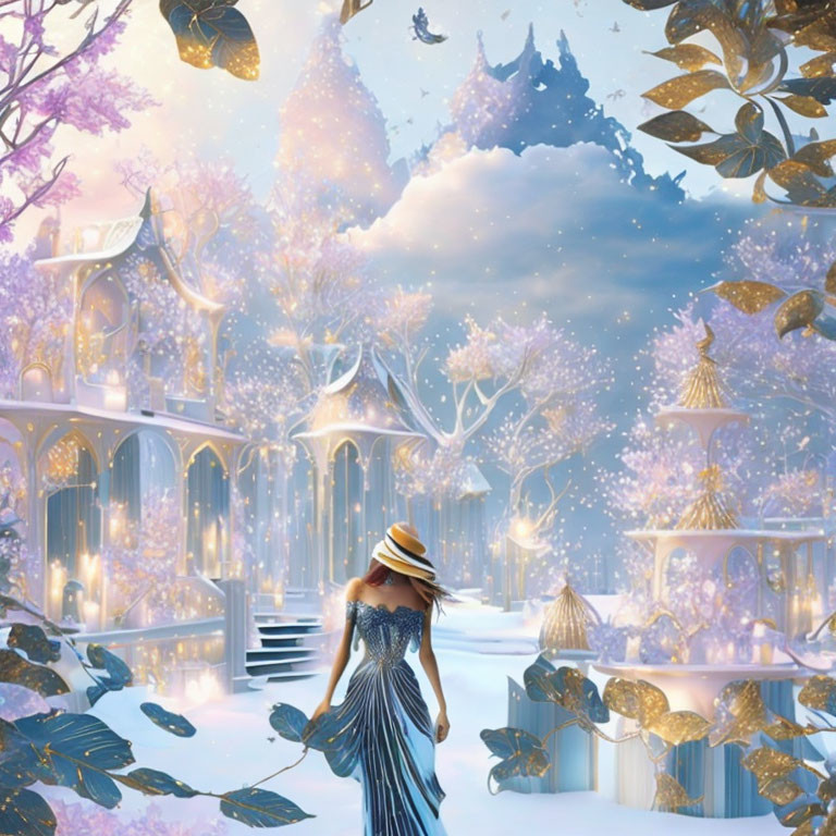 Woman in hat and dress walking in snowy landscape with golden trees, ice structures, castle.