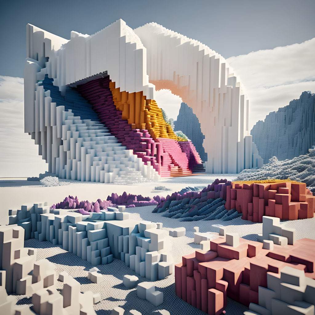 Colorful Rainbow Arch in Cubic Digital Landscape