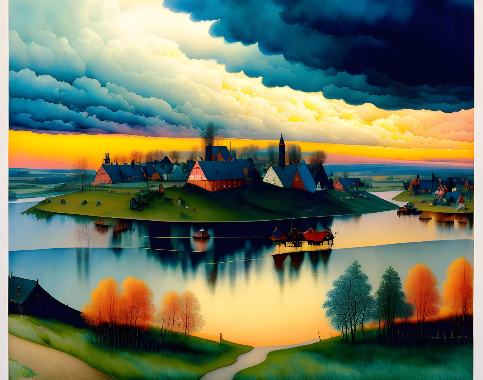 Scenic sunset landscape with dramatic clouds over serene village by lake