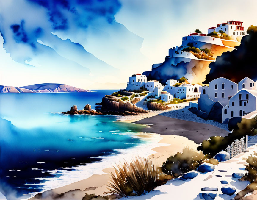 Vibrant Watercolor Painting: Mediterranean Coastal Village