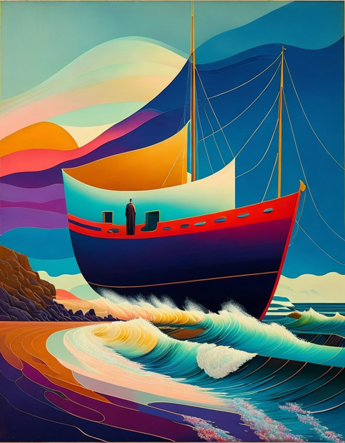 Colorful illustration of boat navigating waves in vibrant hues