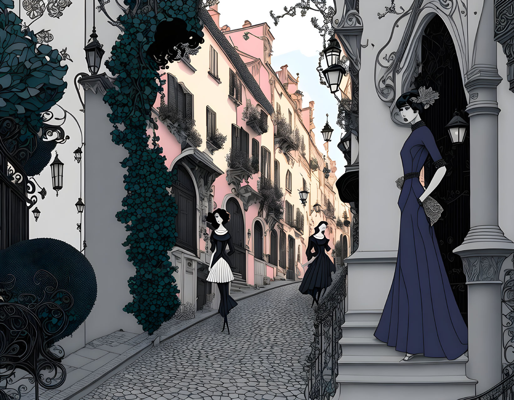 Illustration of elegantly dressed women on vintage European street