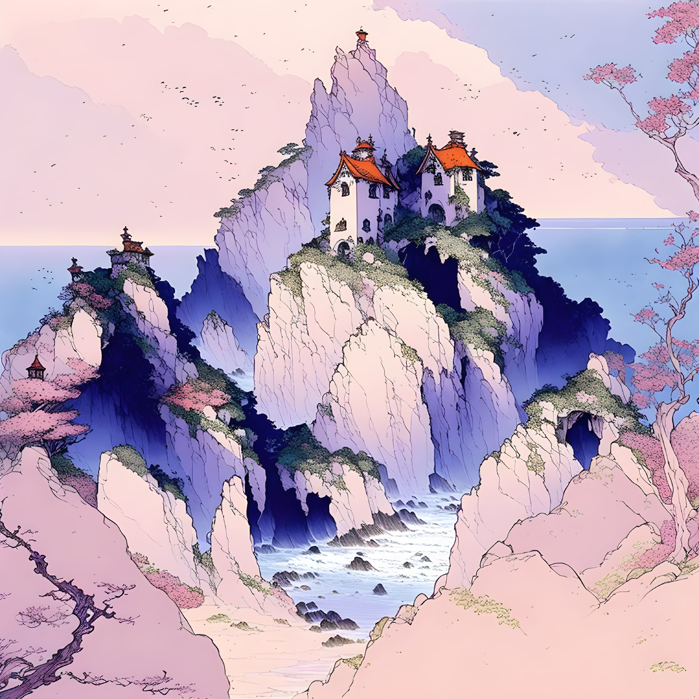 Fantasy landscape with traditional buildings on steep cliffs amid pink clouds