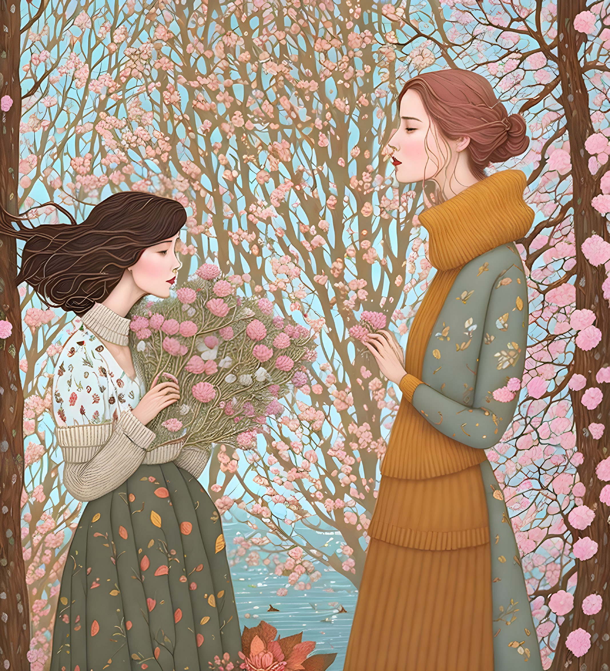 Two animated women in blossoming forest with serene lake in pastel tones