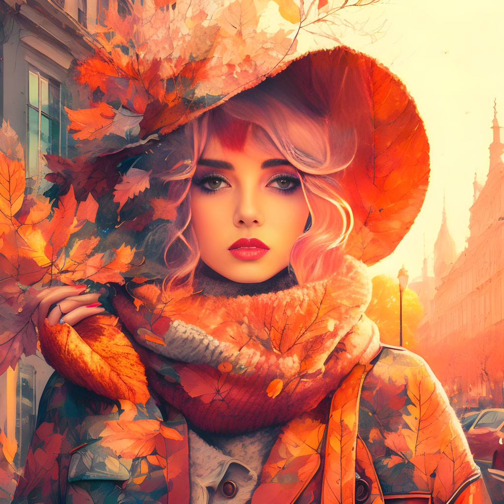 Digital artwork of woman with autumn leaves, scarf, hat, and city backdrop