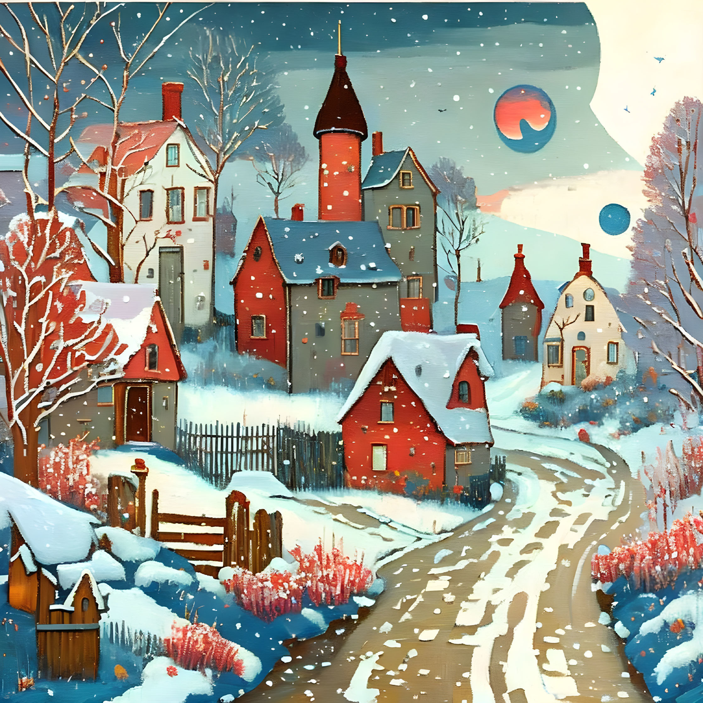 Colorful Winter Scene: Houses, Snowy Path, Trees, Moon & Snowflakes