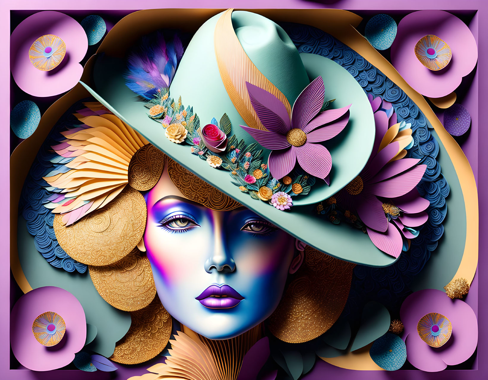 Colorful digital artwork of a woman's face with a decorative hat and intricate floral patterns