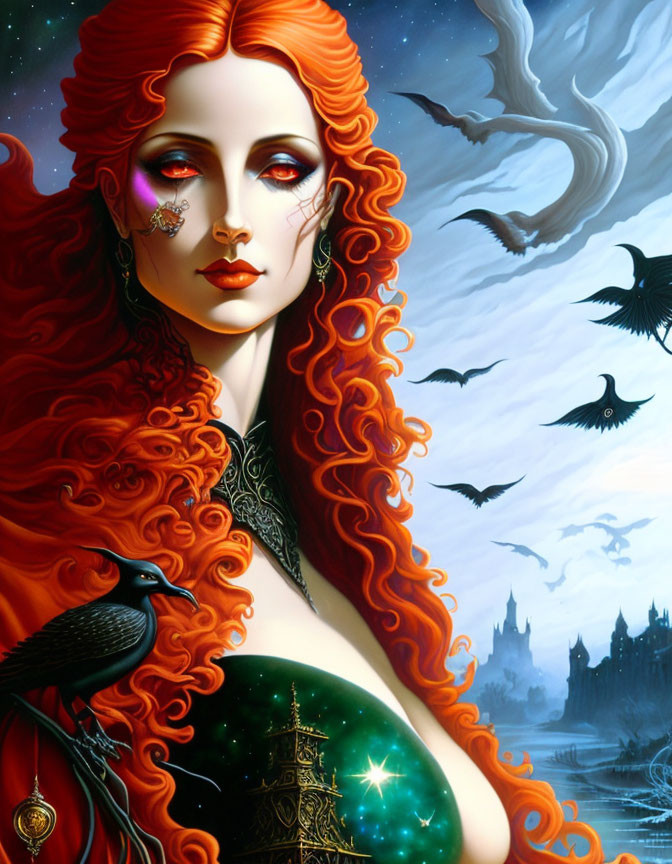 Fantastical image of woman with flowing red hair, bats, and castle.