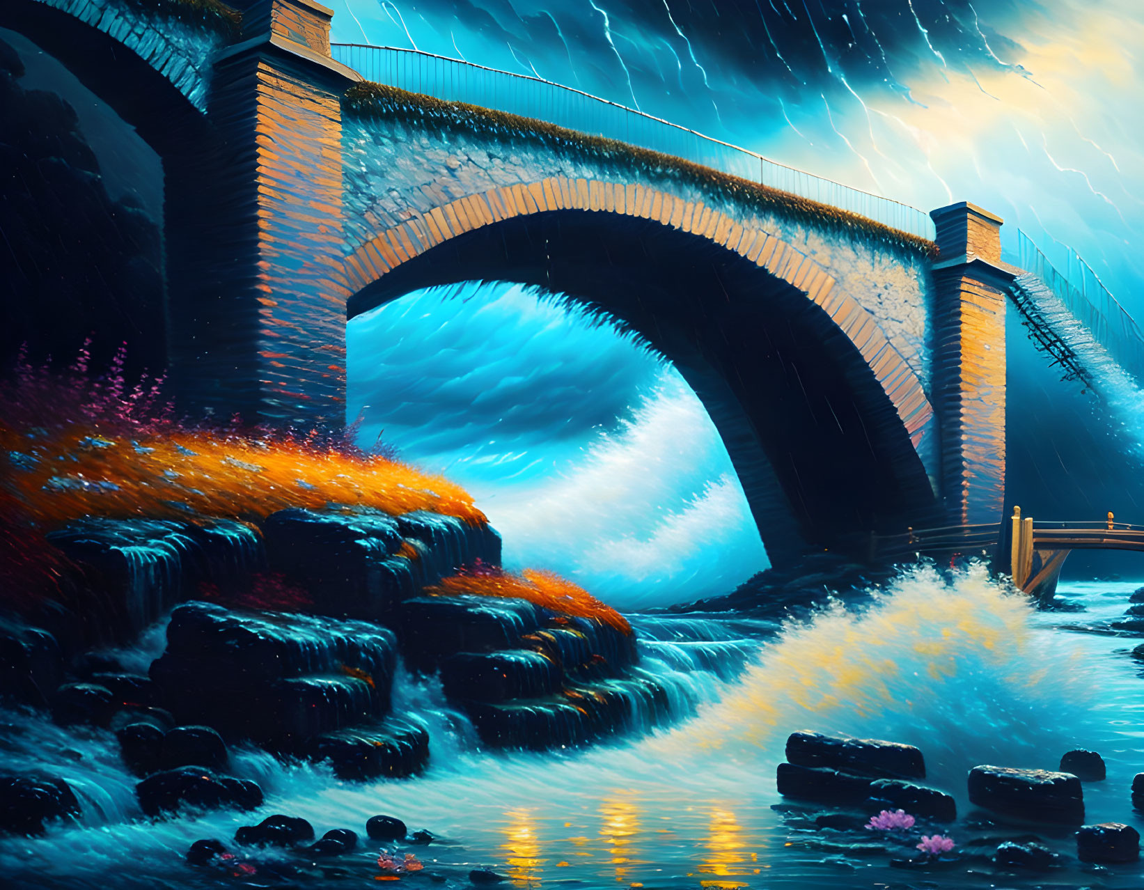 Stone arch bridge over stormy sea with crashing waves and lightning.