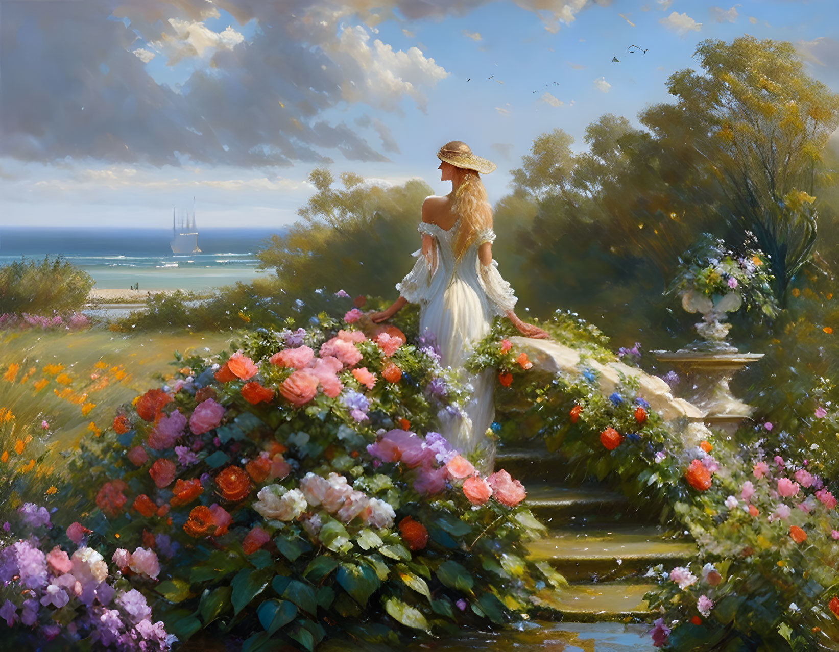 Woman in white dress and straw hat by beach balustrade with roses and sailboat.