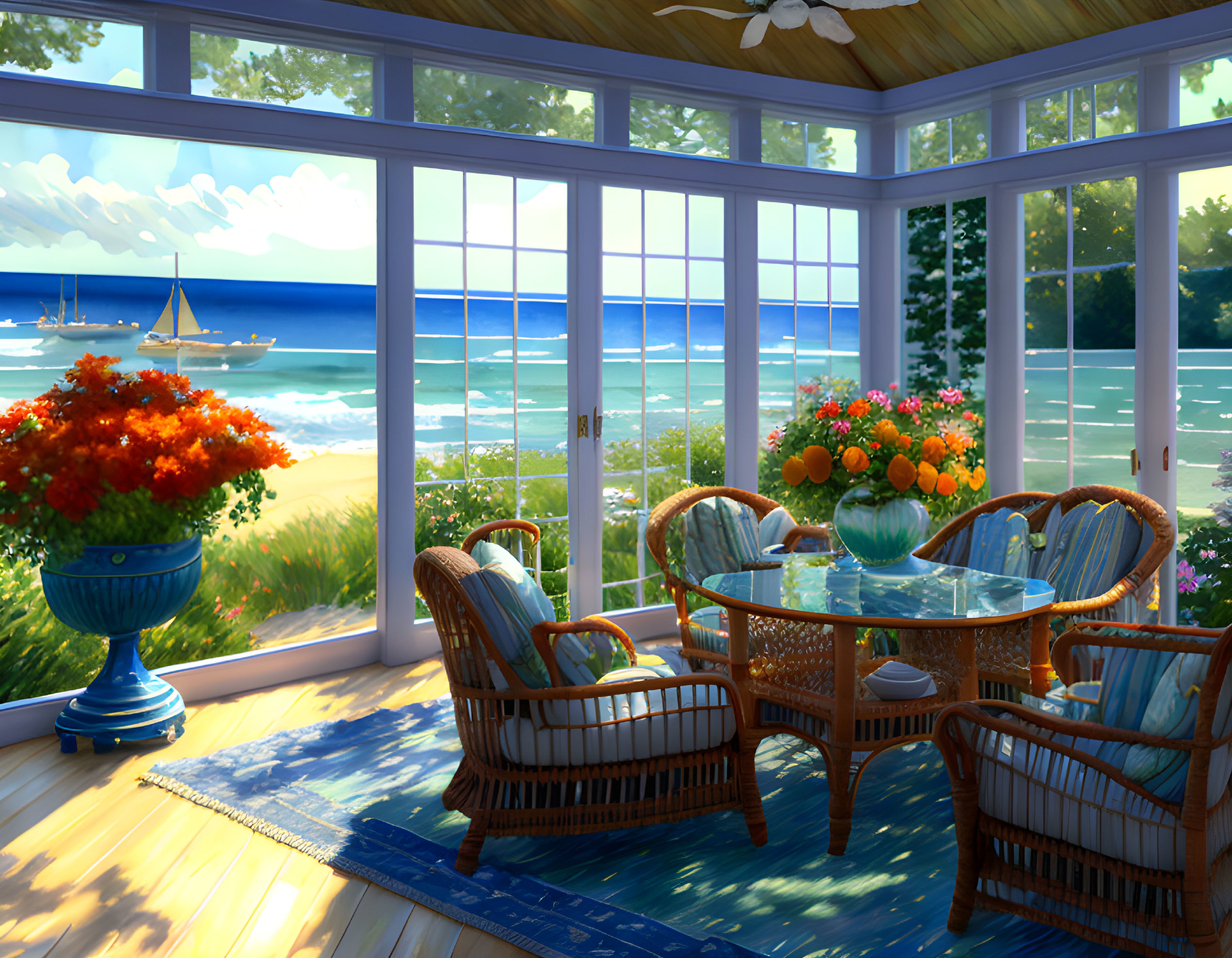 Sunlit Beach-View Sunroom with Wicker Furniture and Sailboat View