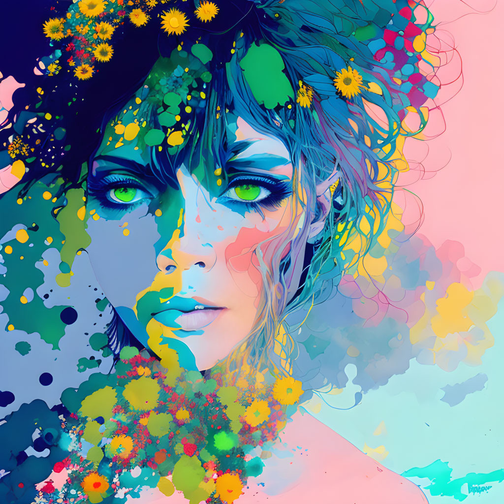 Vibrant floral and abstract elements in woman's face illustration