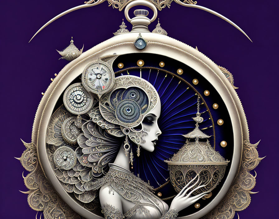 Stylized woman with gears and clocks in Art Nouveau steampunk fusion