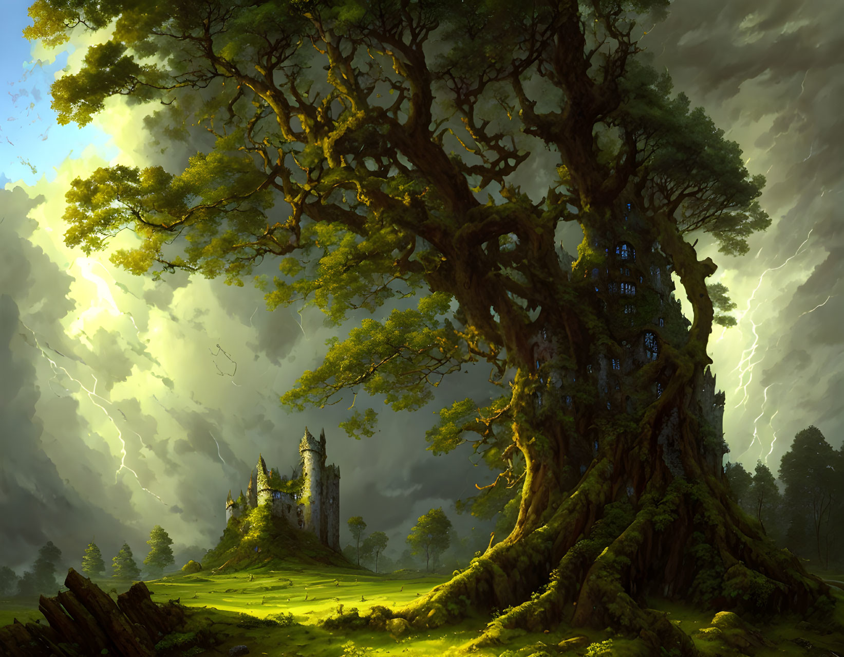 Mystical landscape featuring massive tree, ancient ruins, and stormy sky