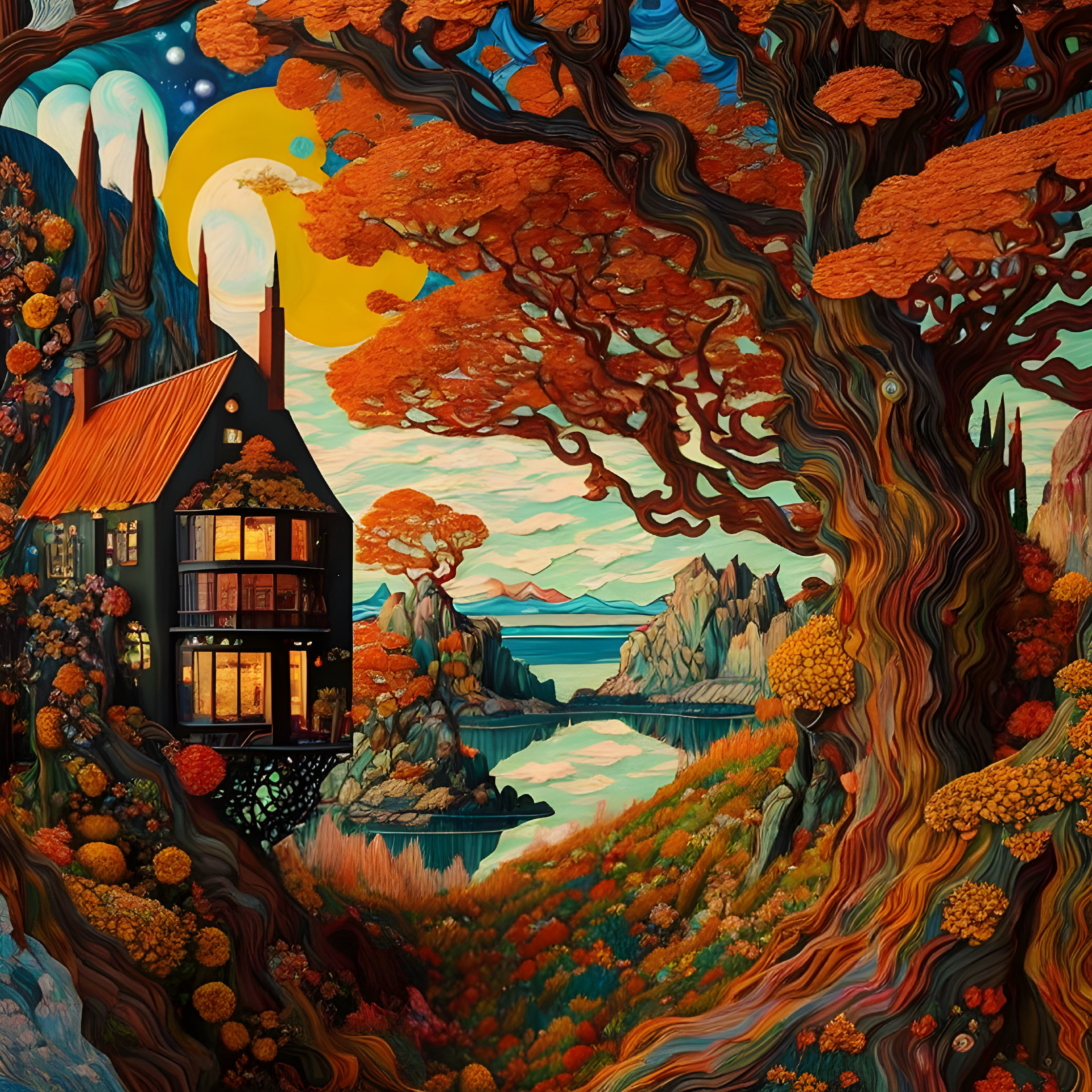 Fantastical landscape painting with illuminated cottage, twisting trees, vivid sky, sea, and warm flora